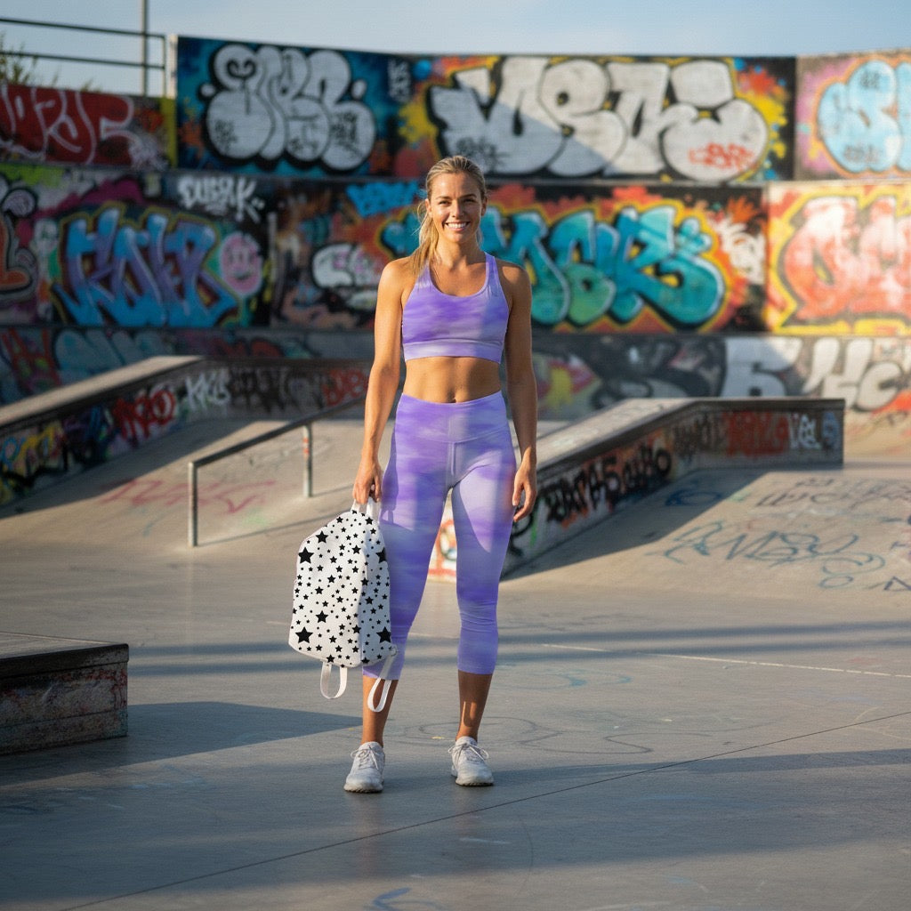 Woman holding lioness love Danica backpack wearing lioness love purple athletic wear standing in a skate park with graffiti in the background