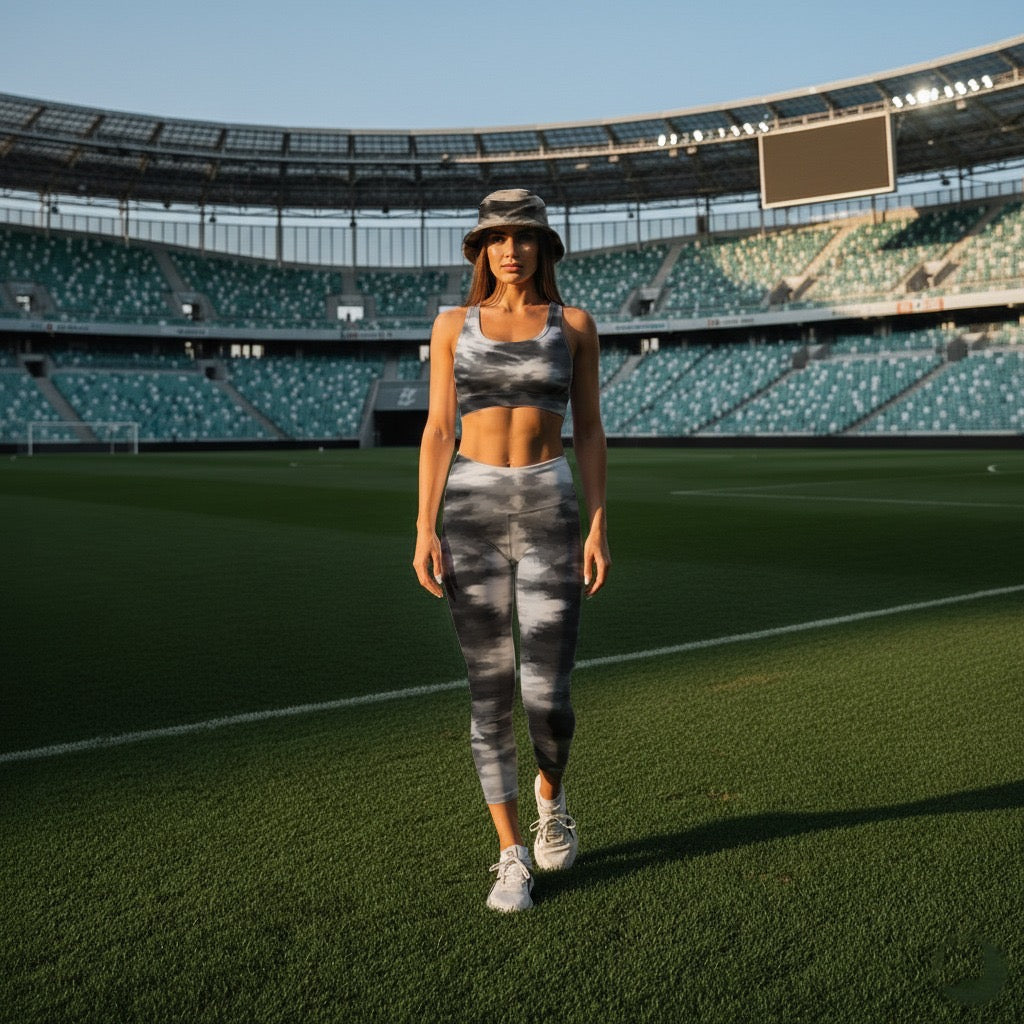 Woman in lioness love Donna Bucket Hat, lioness love athletic wear, standing on a sports field with stadium seats in the background