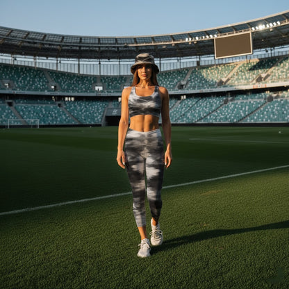 Woman in lioness love Donna Bucket Hat, lioness love athletic wear, standing on a sports field with stadium seats in the background