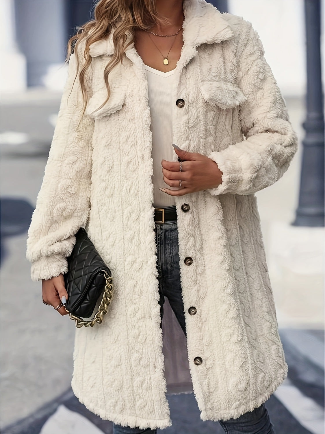 Fuzzy Button-Up Long Sleeve Longline Coat - Cozy Elegance