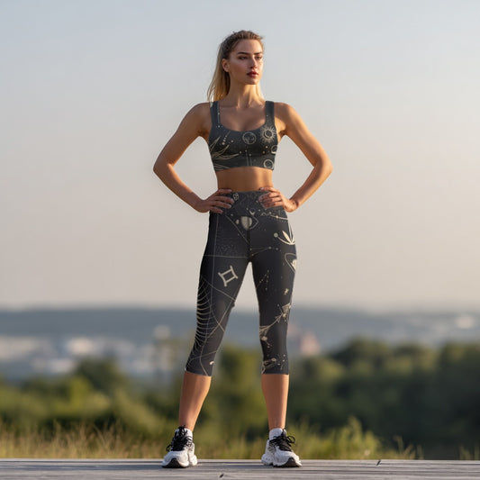Woman in athletic wear standing outdoors with a scenic background