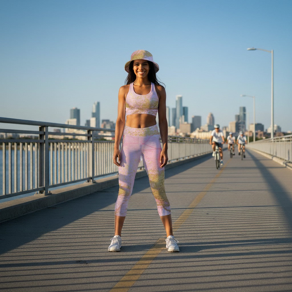 Woman in lioness love Roselynn Capri athletic wear standing on a bridge with a city skyline in the background