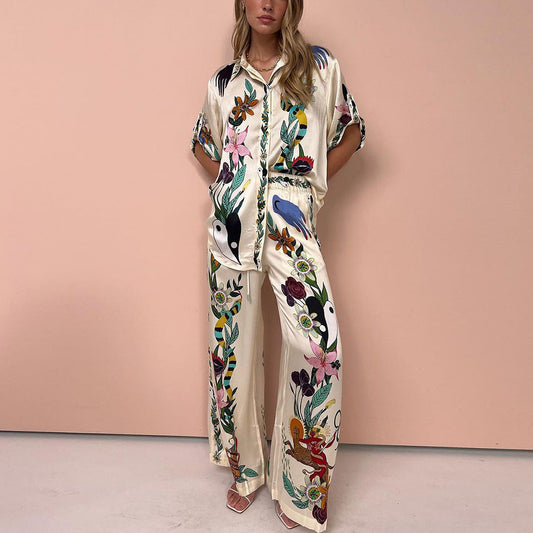 Harmony Boho Two-Piece Lounge Set – Printed Shirt & Wide-Leg Pants