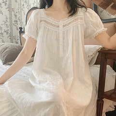 Women's Short-sleeved Thin Pajamas White Sweet Cotton Lounge wear Bedtime apparel