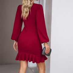 Women's Puff Long Sleeve Fashion Graceful Solid Color Slim Hip-covering Short Dress Womens Clothing  Elastic Waist A-line Floral Swing Shift Dresses linen gown dinner night dress