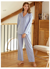 Couple Lapel Long Sleeve Knitted Modal Cotton Pajamas Comfortable Unisex cotton nightwear