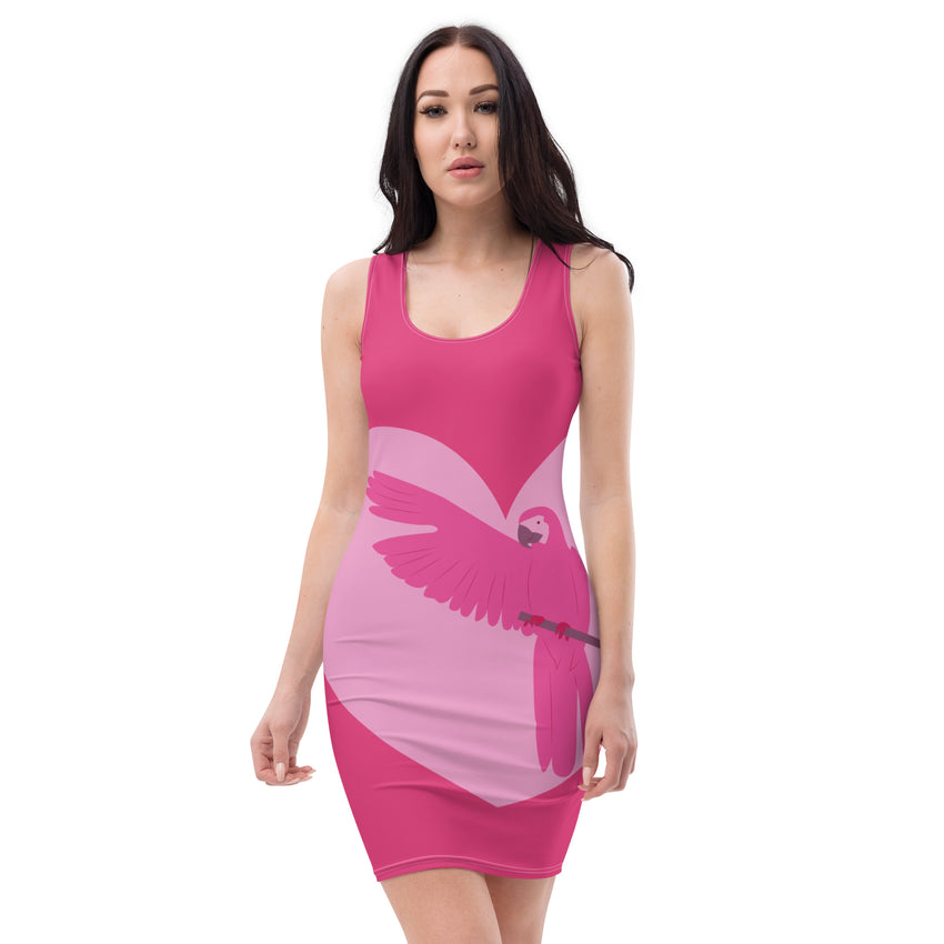 Fuchsia Pink Tropical Bird Fitted Dress, lioness-love