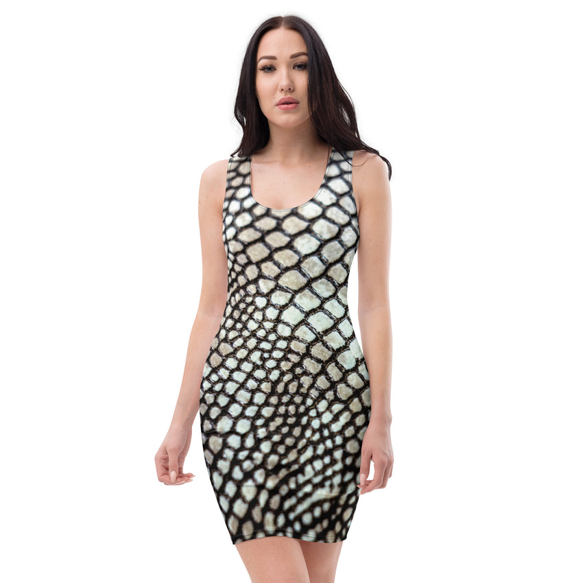 Iridescent Serpent Snake Print Elegant Fitted Dress, lioness-love.com