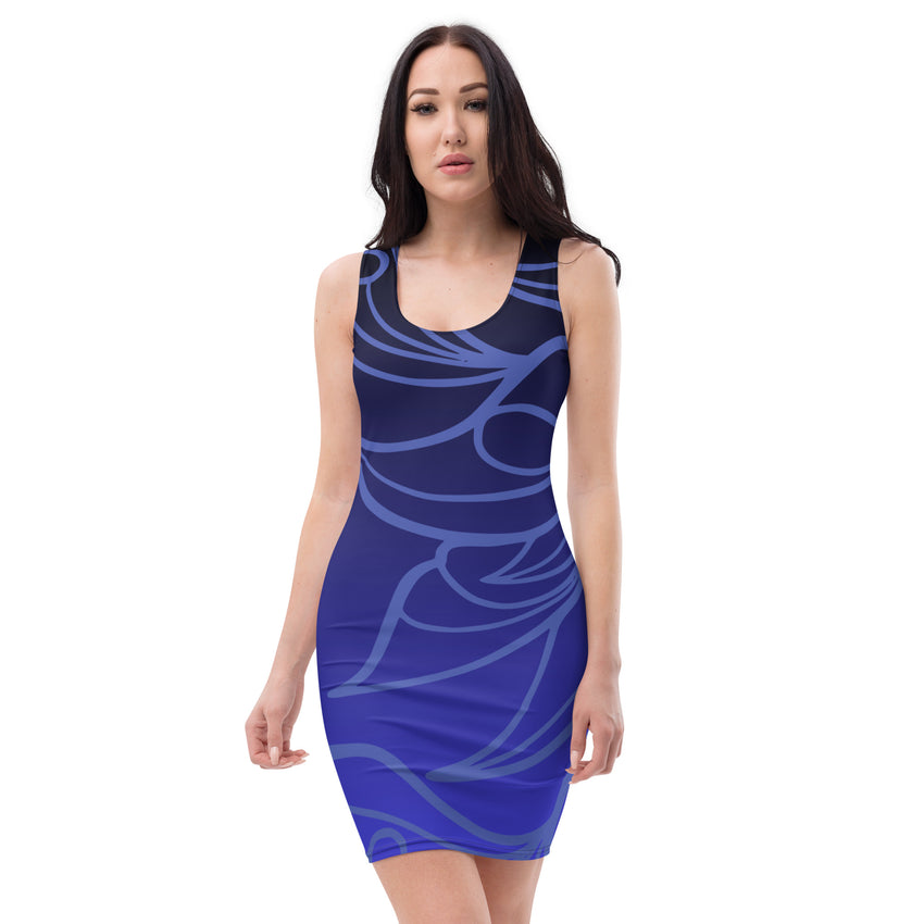 "Azure Blossom: Elegant Blue Floral Fitted Dress for Women", lioness-love