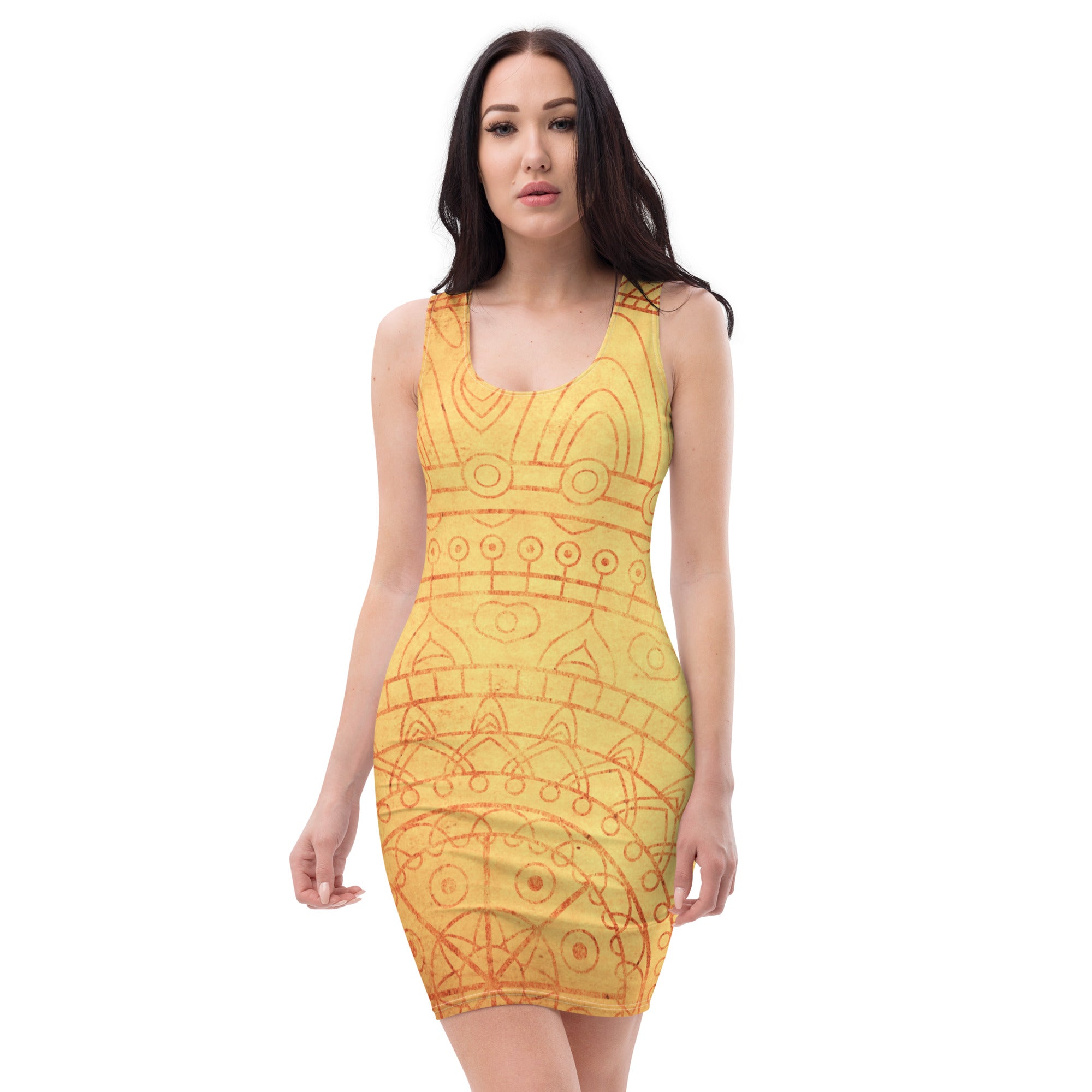 "Sunny Serenity: Designer Mellow Yellow Mandala Fitted Mini Dress", lioness-love