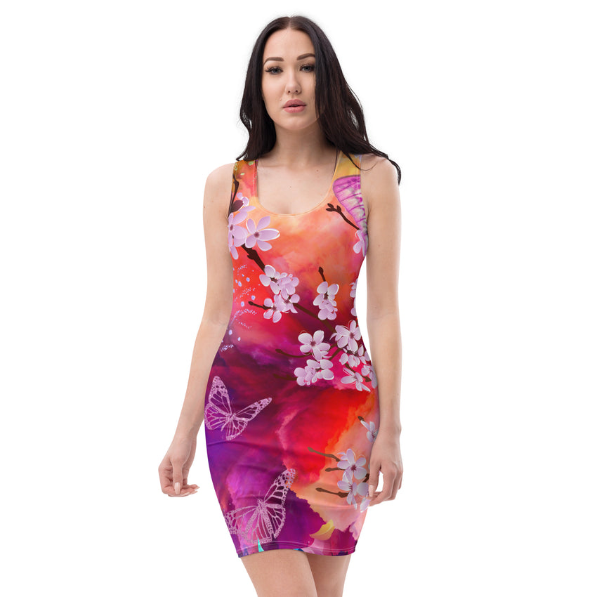 "Fluttering Blooms: Colorful Butterfly Floral Garden Fitted Dress", lioness-love