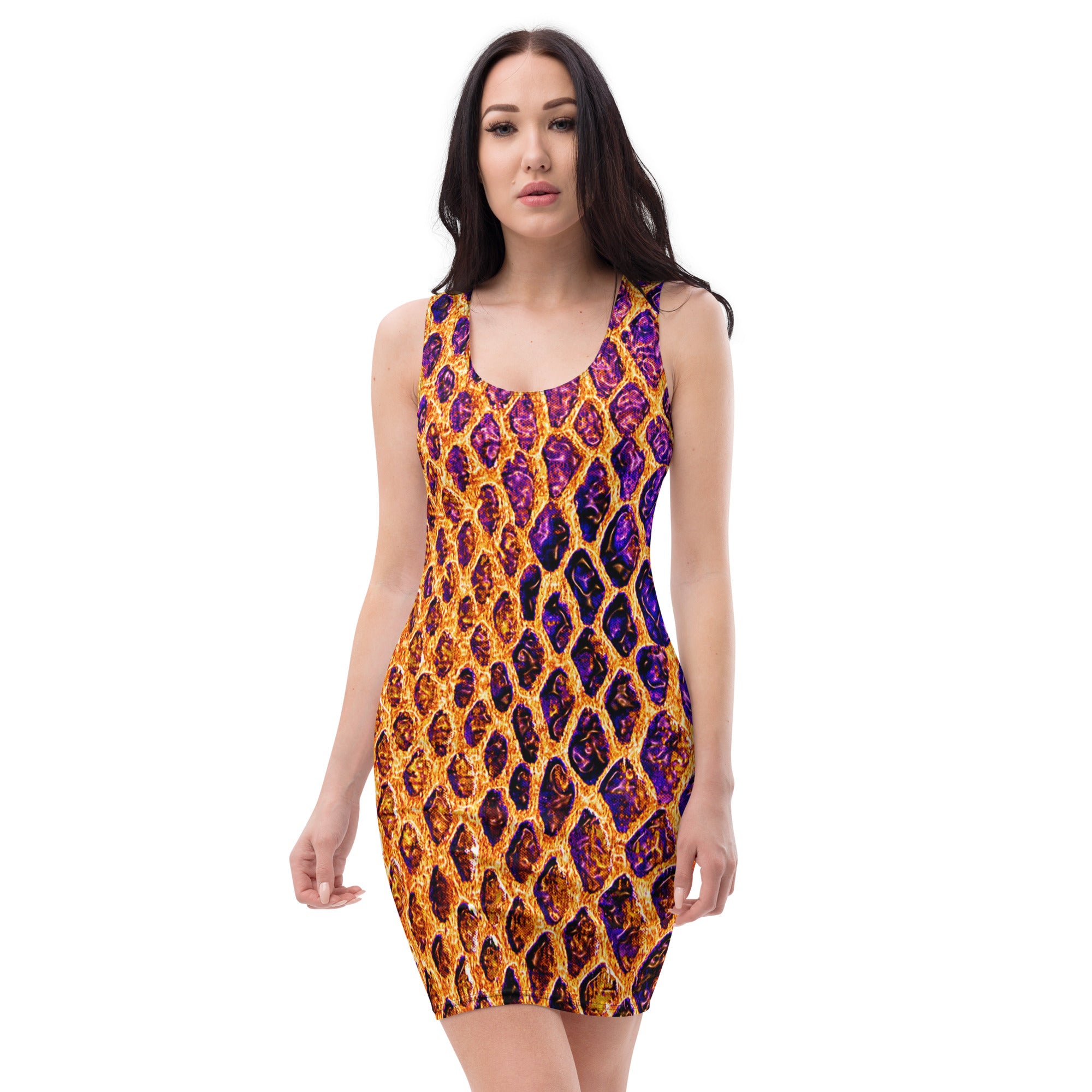 "Radiant Reptilian Charm: Colorful Snakeskin Sheen Fitted Dress", lioness-love