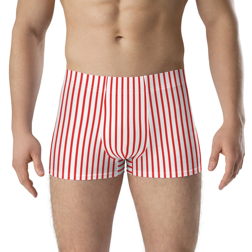 Striped boxer briefs for men with a bold red and white pattern