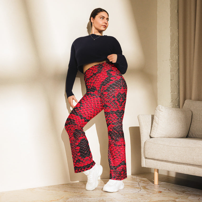 Trendy Red Snakeskin Flare Leggings, lioness-love