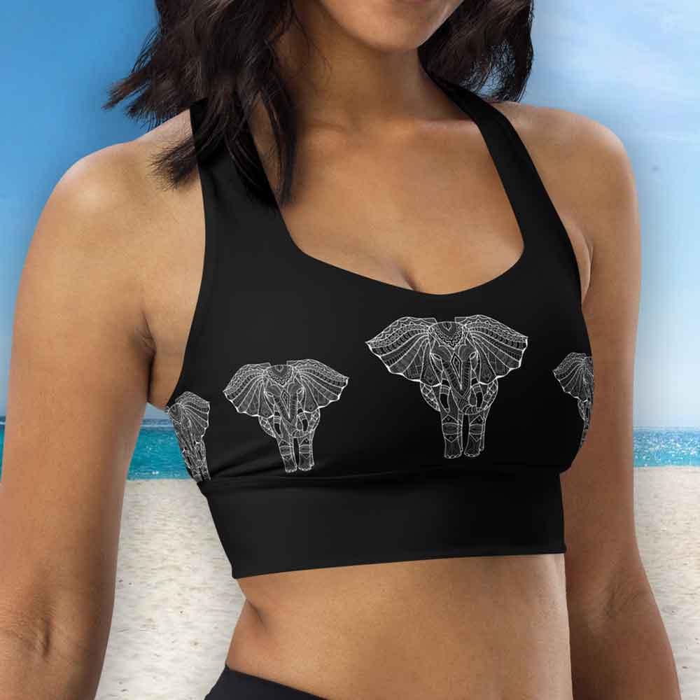 White Print Black Longline Sports Bra - Woman wearing stylish sports bra with white print during workout lioness-love