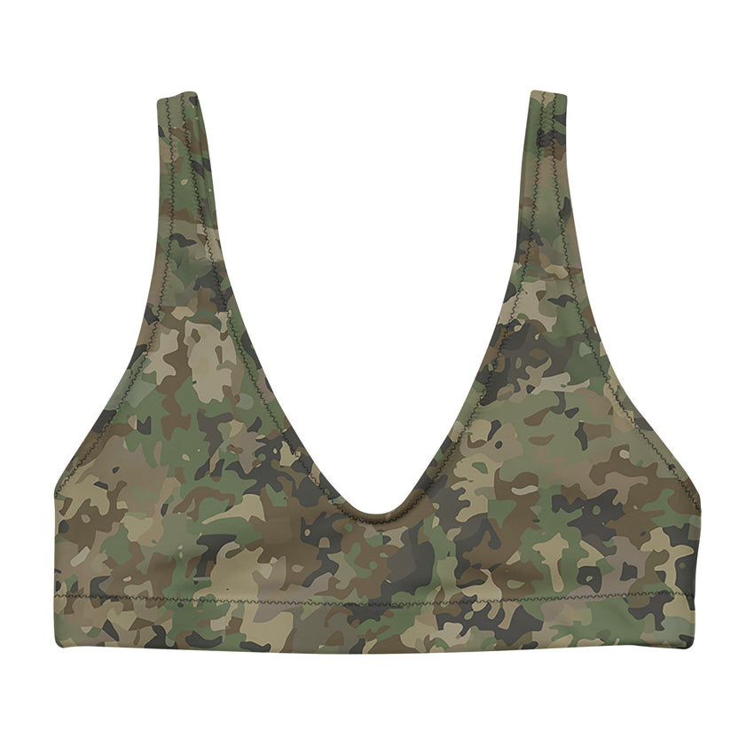 This trendy and eye-catching bikini top features a stylish camouflage print that effortlessly combines fashion and functionality.