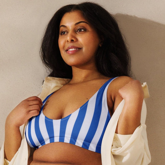 Stylish blue and white striped bikini top