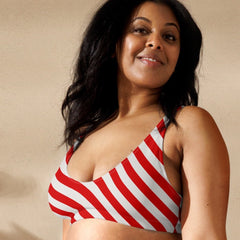 Red and white stripe bikini top for athletic women