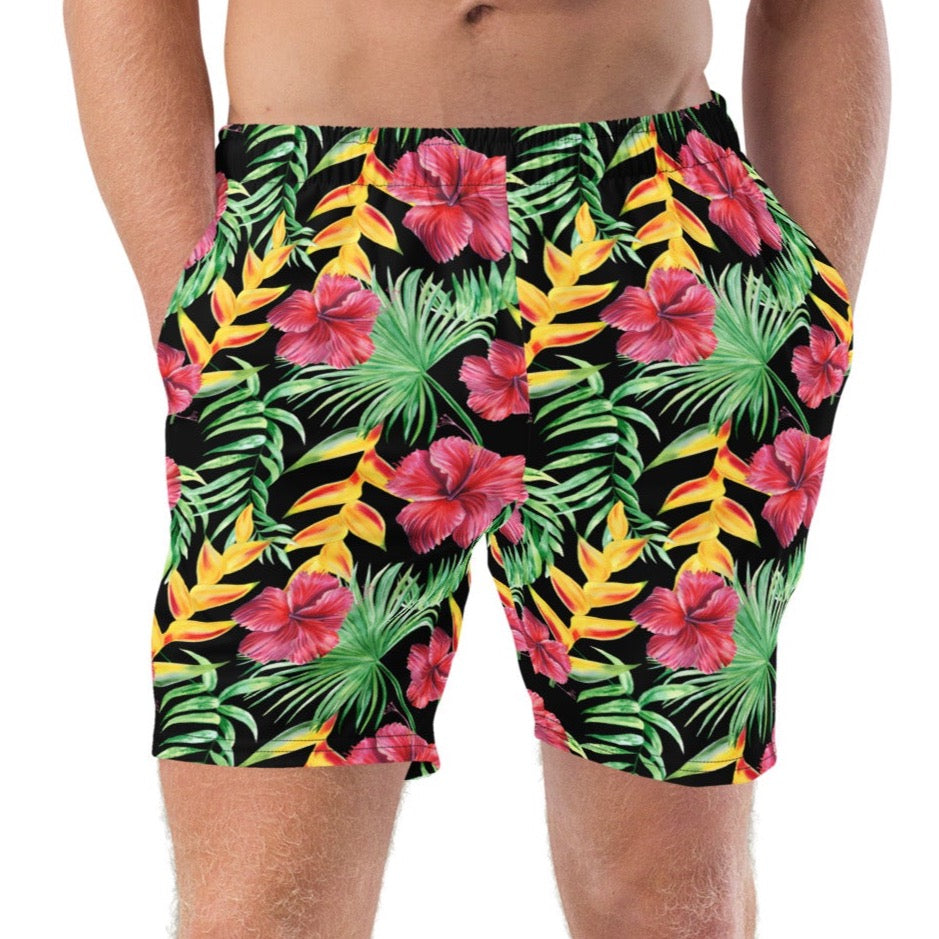 Summer-ready with our red hibiscus patterned swim trunks for men