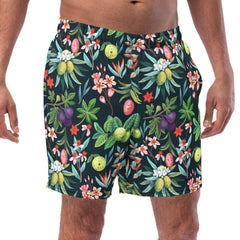 High-quality men's swim trunks with vibrant tropical patterns