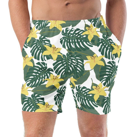 Vacation-ready swim trunks with floral prints