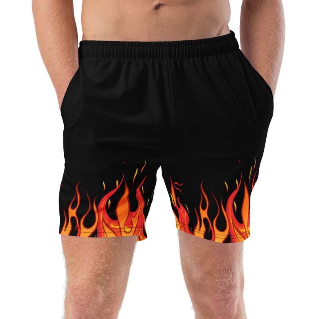 Bold and trendy swim trunks with fiery print for men