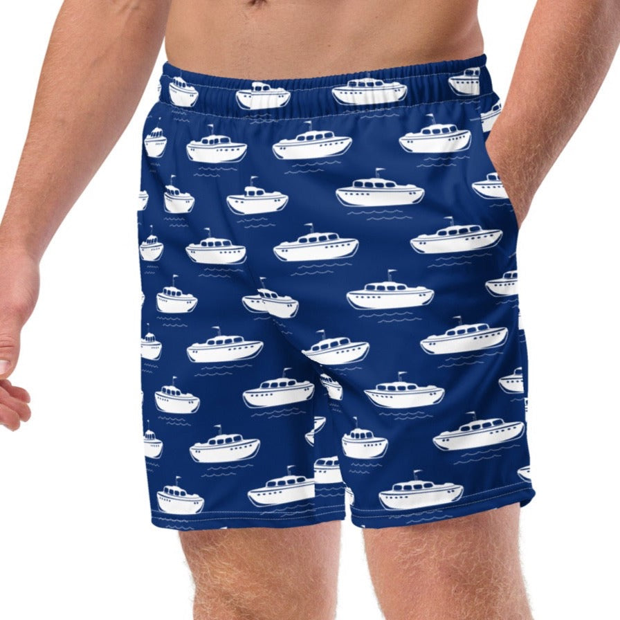 Ferry ship-themed swim trunks for a coastal fashion statement