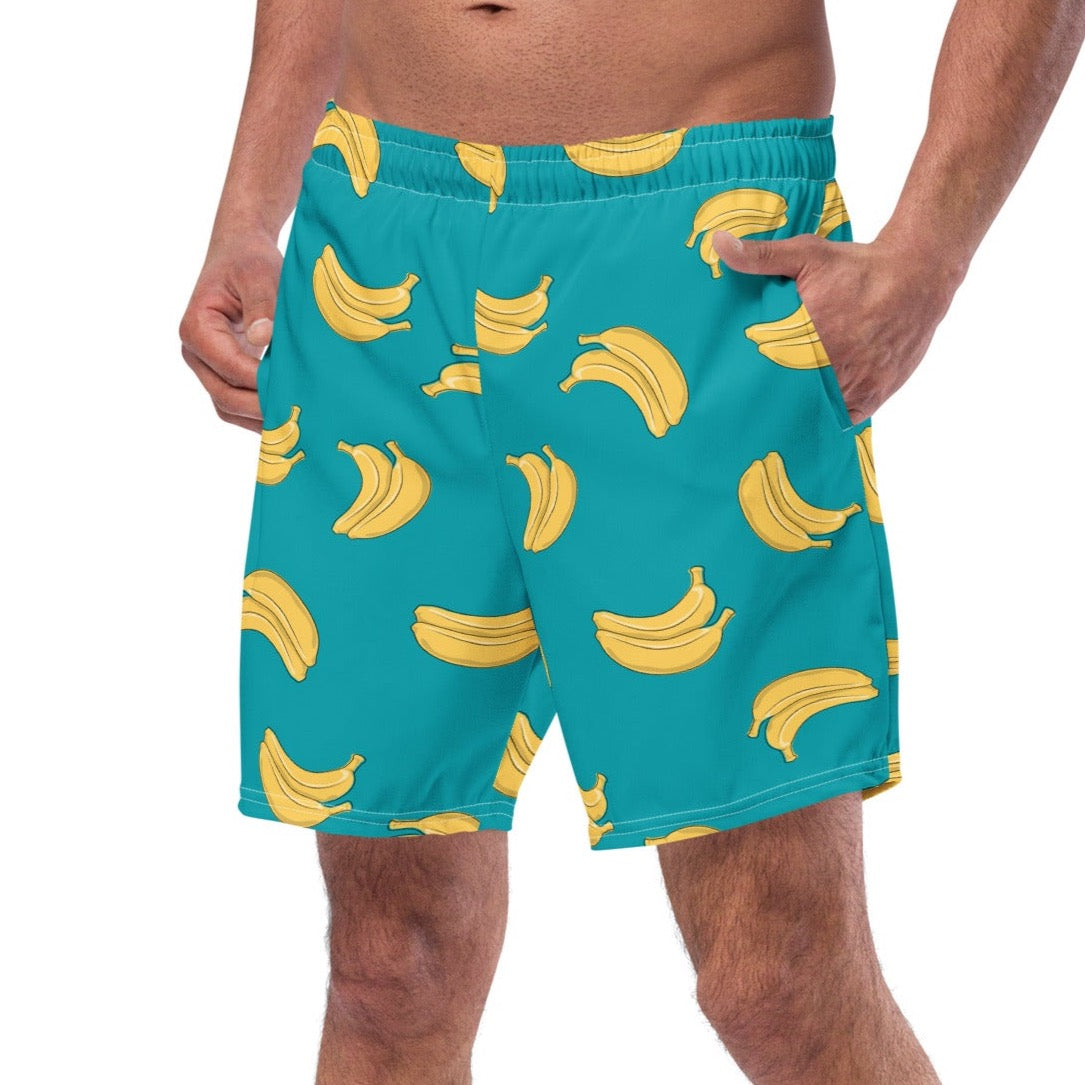 Vibrant and trendy banana patterned swim trunks for stylish men