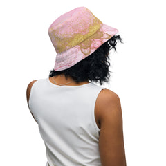 "Rose Quartz Radiance: Elevate Your Style with Our Pink and Gold Marble Bucket Hat", lioness-love