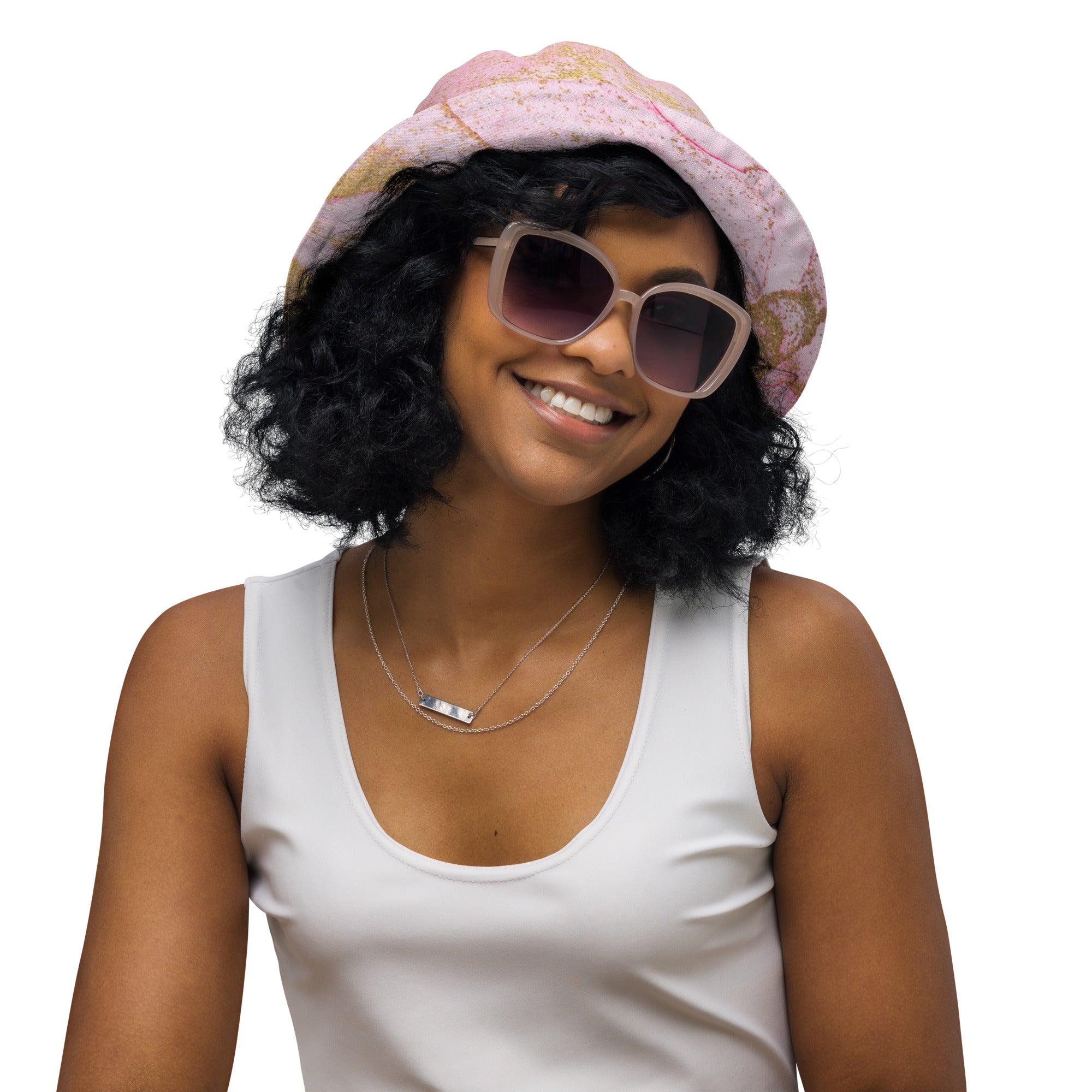 "Rose Quartz Radiance: Elevate Your Style with Our Pink and Gold Marble Bucket Hat", lioness-love