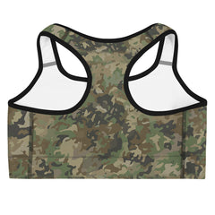 Designed for both fashion and function, this sports bra features a sleek dark green camouflage print that adds an edgy vibe to your workout ensemble. 