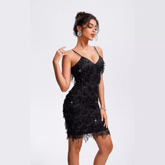 V-neck Sequins Tassel Sleeveless Sling Party Hot Drilling Dress 4