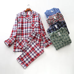 Long-sleeved Trousers And Brushed Plaid Pajama Set Lapel pajamas  Modal cotton pajamas male night wear