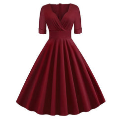 Green Solid Rockabilly S Vintage Ruched V Neck Party Dresses