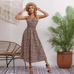 European And American Leopard Print Large Swing Dress female dinner date dress  V neck dress