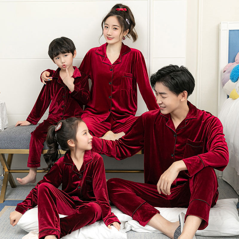 Gold Velvet Simple Solid Color Large Size Parent-child Pajamas Family nightwear Vintage family pajamas set, lioness-love