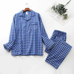 Long-sleeved Trousers And Brushed Plaid Pajama Set Lapel pajamas  Modal cotton pajamas male night wear