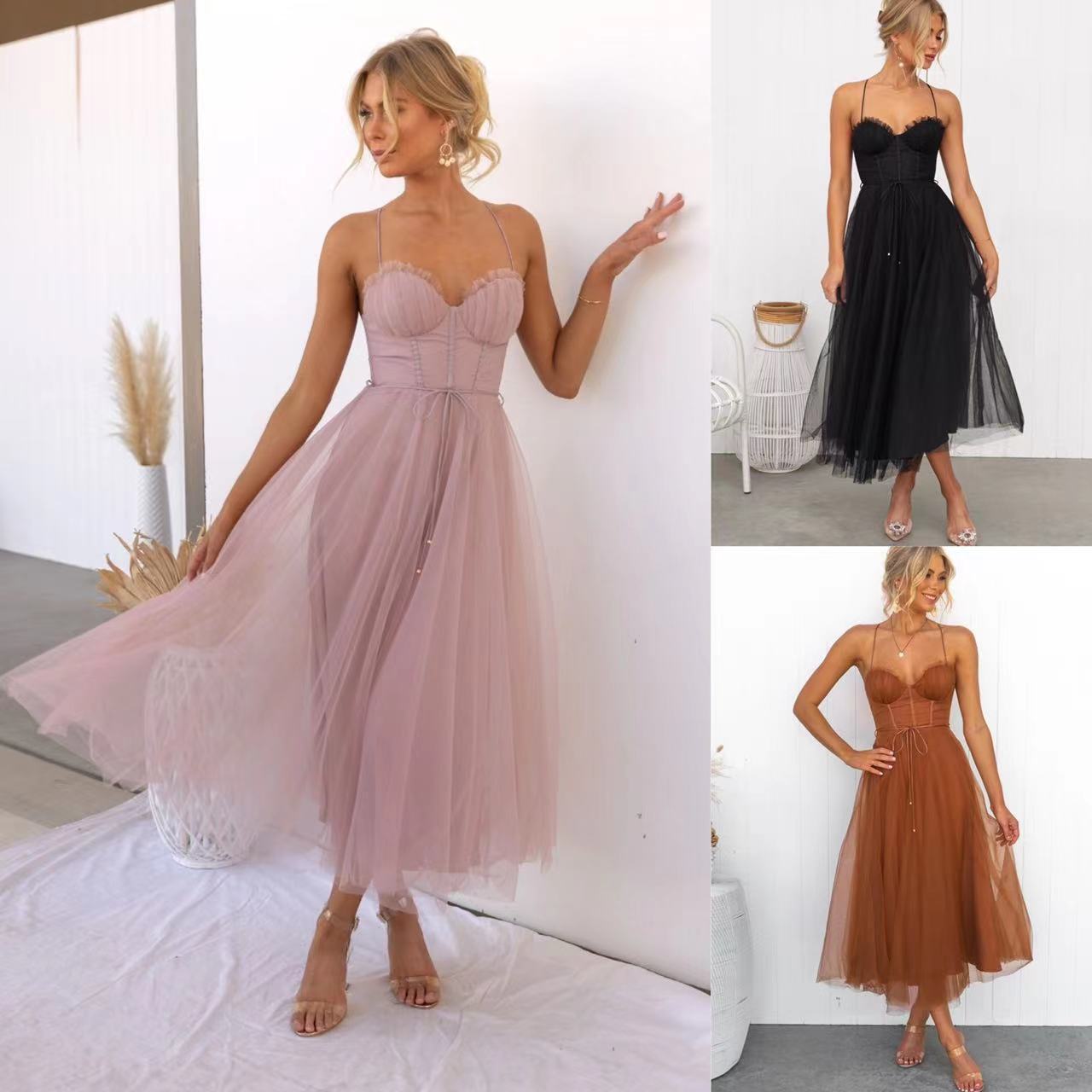 Temperament Camisole Mesh Party Evening Dress  Spaghetti Straps Tulle Prom Dress Sweetheart Tea Length Puffy Evening Gown A Line Short Party Dress for Women27