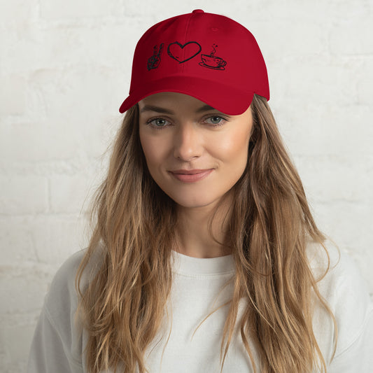 Java Joy: Peace, Love, Coffee Embroidered Dad Hat, lioness-love