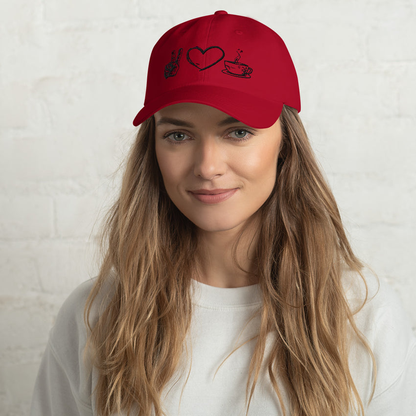"Java Joy: Peace, Love, Coffee Embroidered Dad Hat", lioness-love