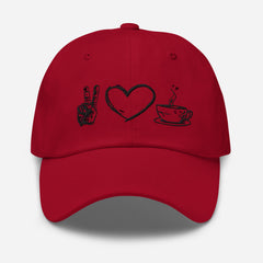 "Java Joy: Peace, Love, Coffee Embroidered Dad Hat", lioness-love