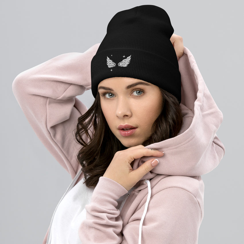 Angel Wings Halo embroidered cuffed beanie