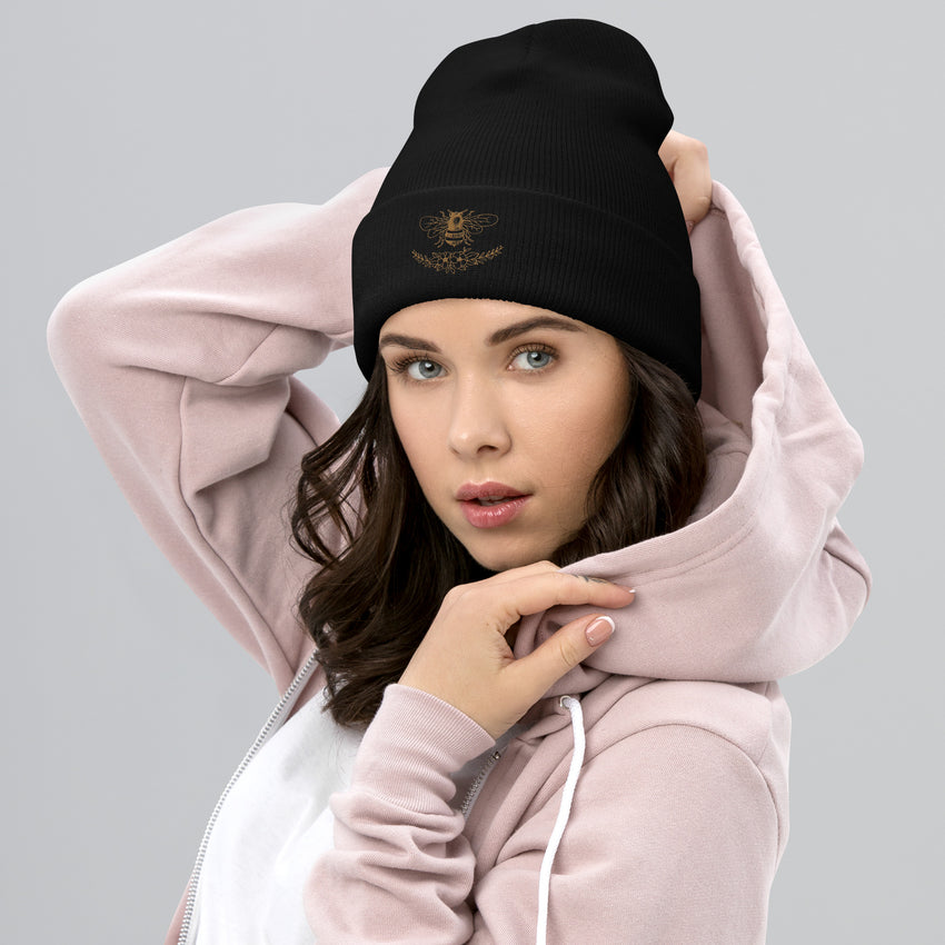 Queen Bee Floral embroidered cuffed beanie