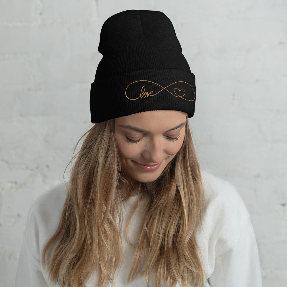 Infinity Heart Gold Embroidered Cuffed Beanie, lioness-love