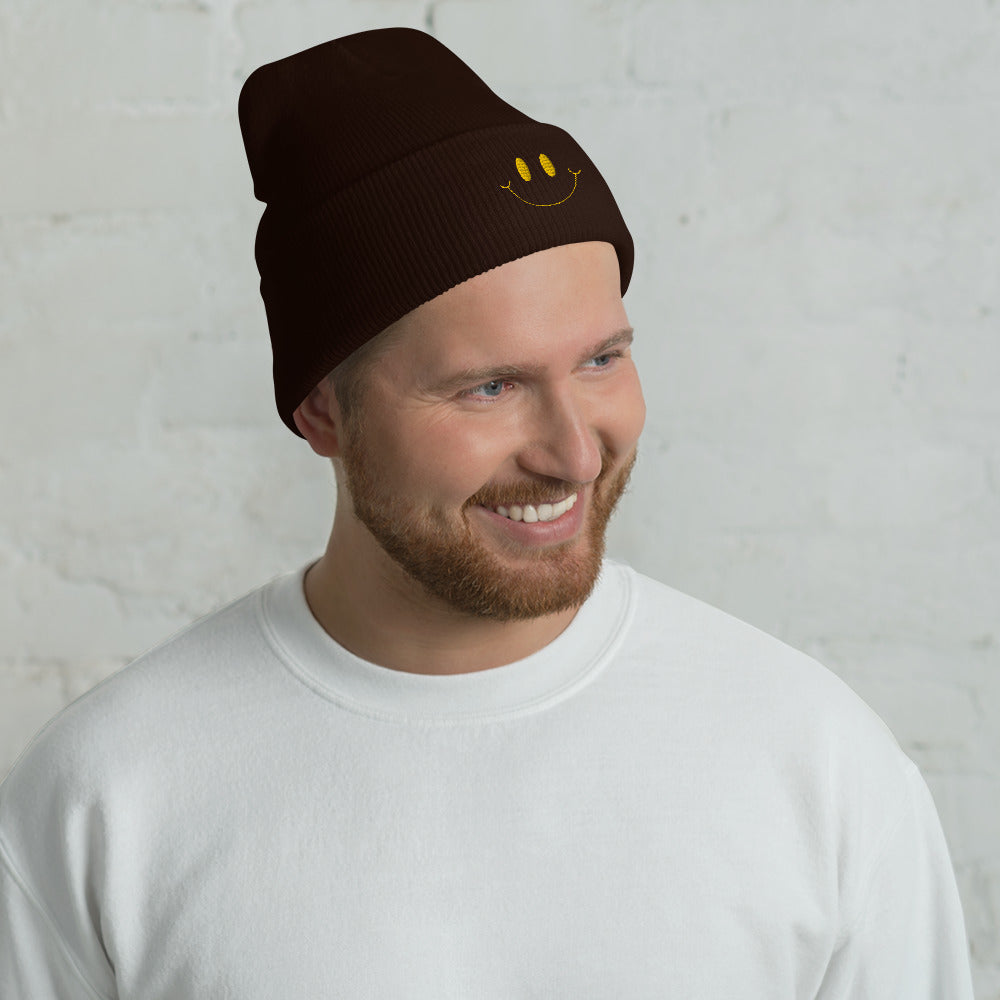 Smiley Face embroidered cuffed beanie