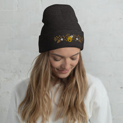 Bee Hive Floral Embroidered Form-Fitting Beanie, lioness-love