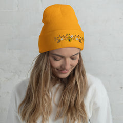 Bee Hive Floral Embroidered Form-Fitting Beanie, lioness-love