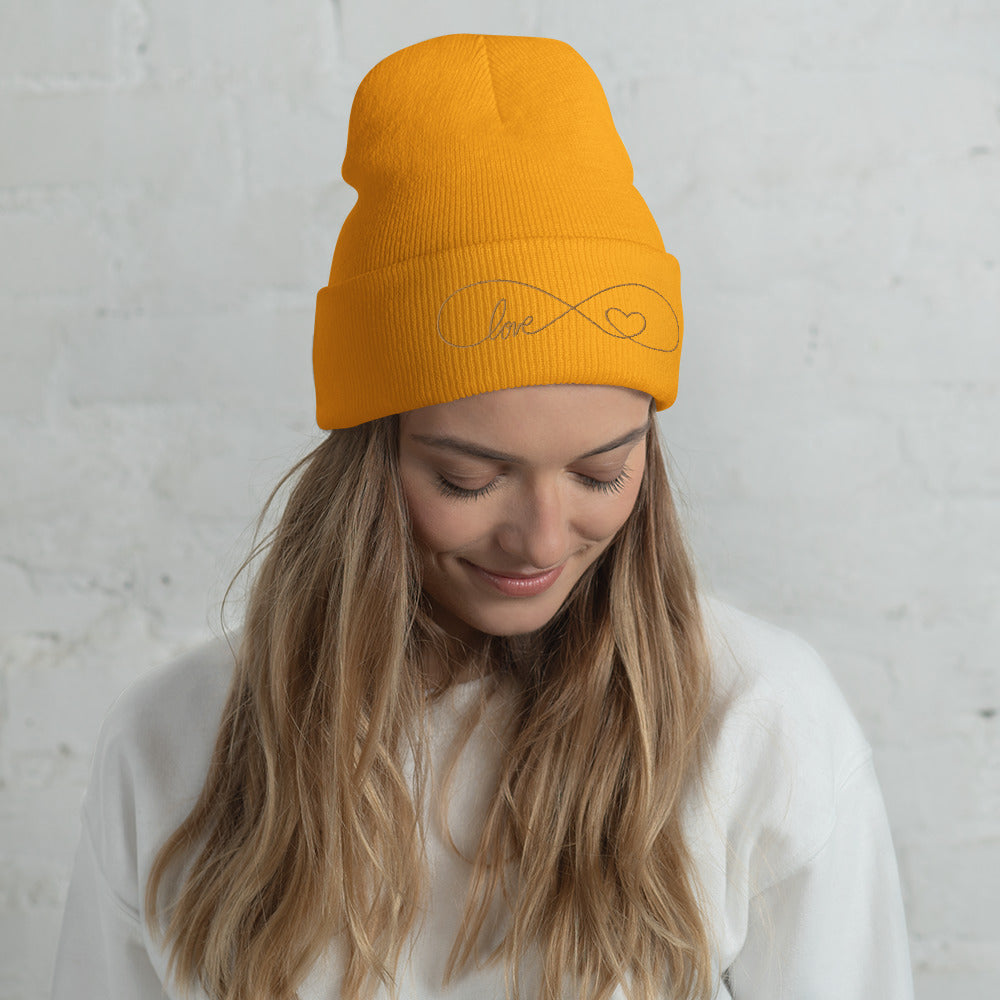 Infinity Heart Gold Embroidered Cuffed Beanie, lioness-love