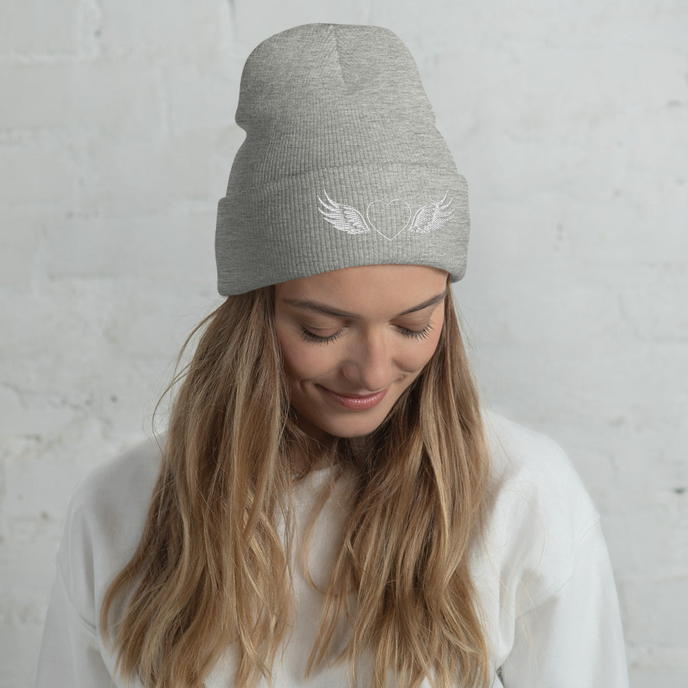 Angel Wings Heart embroidered cuffed beanie