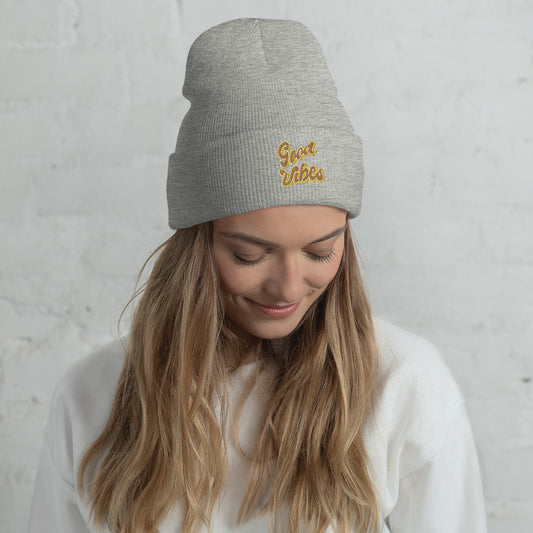 Good Vibes Embroidered Cuffed Beanie, lioness love